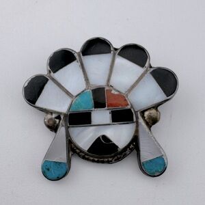 Old Vintage Zuni Native American Black and White‎ Inlay Brooch Pin